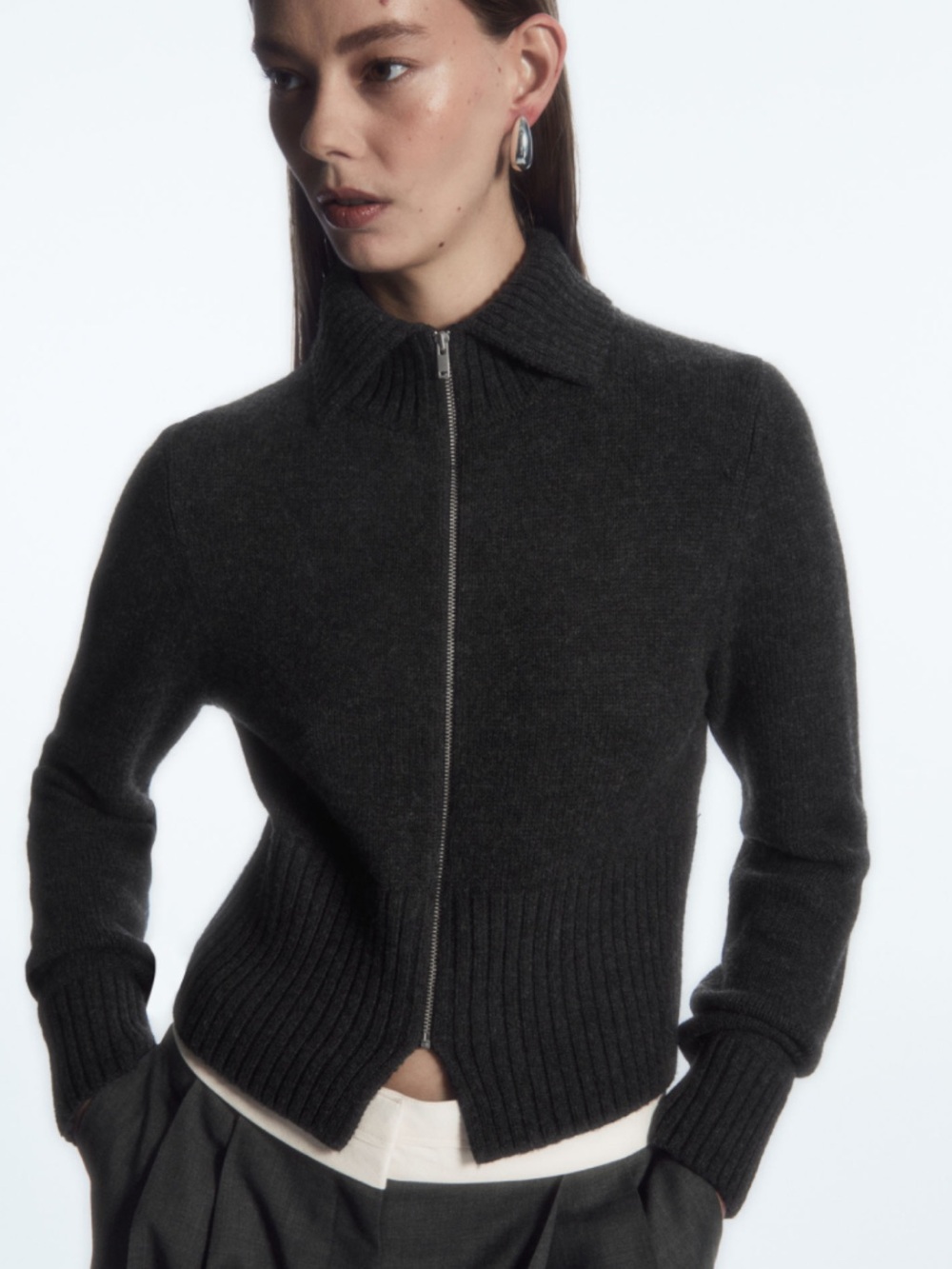 BOGO! COS 100% Wool Zipper Cardigan Sweater Charcoal Gray Size Large